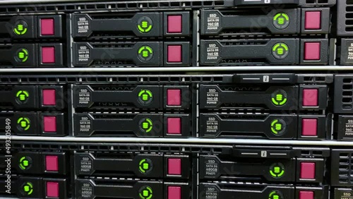 Hard drives in a server rack on IT cloud data center