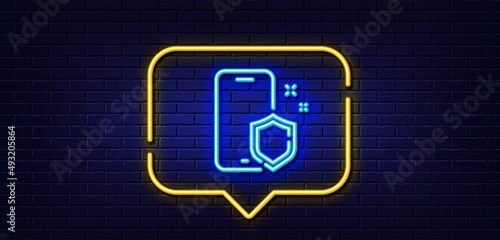 Neon light speech bubble. Phone protect line icon. Smartphone shield sign. Safe cellphone symbol. Neon light background. Phone protect glow line. Brick wall banner. Vector