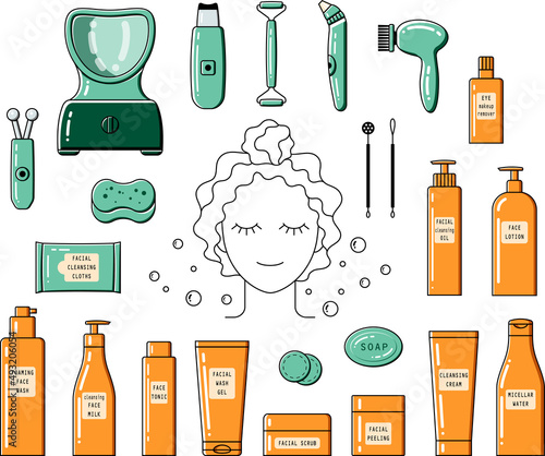 Face cleaning devices and face cleaning cosmetics. Skincare products. Cosmetic set. Thin line vector illustrations with shifted color fill.