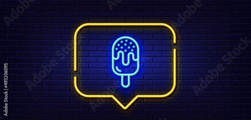 Neon light speech bubble. Ice cream line icon. Dessert food sign. Frozen gelato symbol. Neon light background. Ice cream glow line. Brick wall banner. Vector