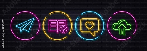 Love message, Help and Paper plane minimal line icons. Neon laser 3d lights. Cloud upload icons. For web, application, printing. Dating service, Documentation, Airplane. File storage. Vector