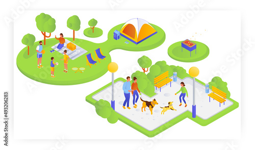Family on picnic in nature, walking with dog in the park, flat vector isometric illustration. Summer outdoor activity.