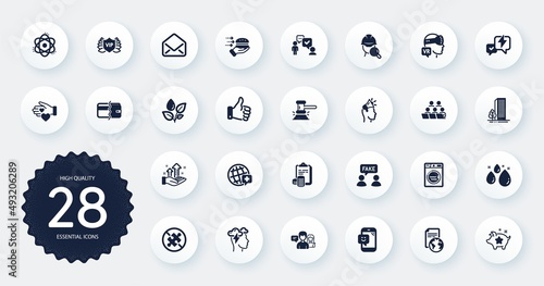 Set of Business icons, such as Consulting business, Judge hammer and World medicine flat icons. Water drop, Laundry, Food delivery web elements. Buildings, Inspect, No puzzle signs. Vector