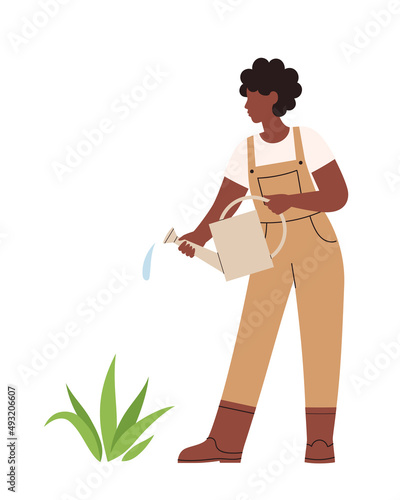 Woman watering a plant. Woman gardeners or farmer. Gardening. Vector flat illustration