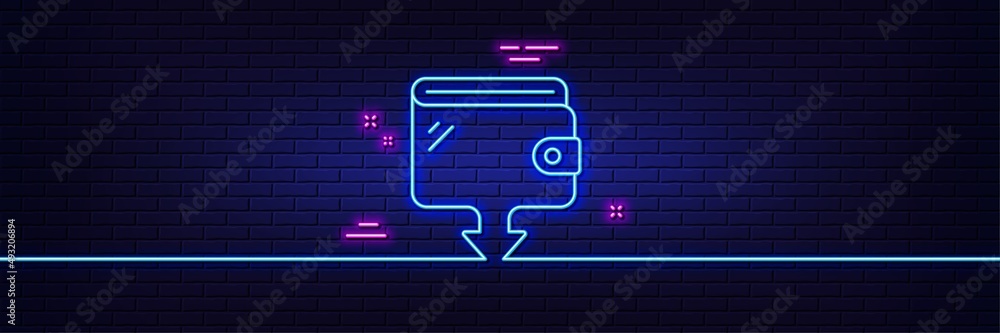 Neon light glow effect. Wallet line icon. Send money purse sign. Cash budget symbol. 3d line neon glow icon. Brick wall banner. Wallet outline. Vector Neon light glow effect. Wallet line icon. Send money purse sign. Cash budget symbol. 3d line neon glow icon. Brick wall banner. Wallet outline. Vector