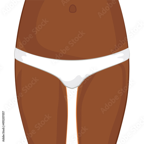 Dark-skinned thighs of a girl in white underpants. Belly and thighs. Vector illustration isolated on a white background for design and web.
