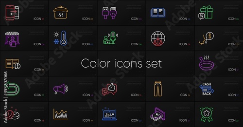 Set of Sale gift, Delivery market and Facts line icons. Include Education, Magistrates court, Investment icons. Undo, Cashback card, Like web elements. Sound check, Cash, Megaphone. Vector