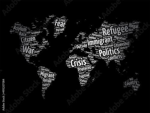 Refugee word cloud in shape of world map, concept background