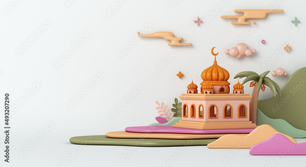 Islamic decoration background with mosque, palm dates cartoon style, ramadan kareem, mawlid, iftar, isra  miraj, eid al fitr adha, muharram, copy space text area, 3D illustration.