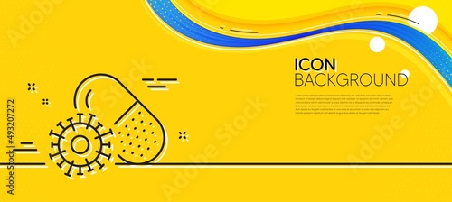 Coronavirus pills line icon. Abstract yellow background. Covid-19 virus vaccine sign. Corona virus symbol. Minimal coronavirus pills line icon. Wave banner concept. Vector