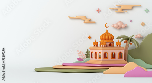 Islamic decoration background with mosque, palm dates cartoon style, ramadan kareem, mawlid, iftar, isra miraj, eid al fitr adha, muharram, copy space text area, 3D illustration.