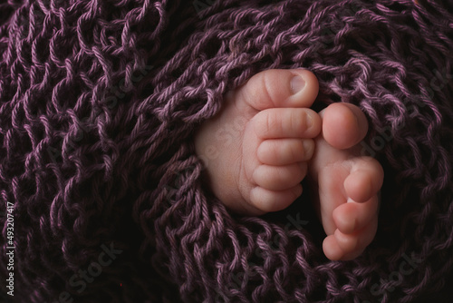 Pies de bebé recién nacido envueltos entre telas de tonos pastel 