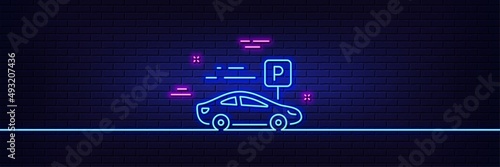 Neon light glow effect. Car parking line icon. Park place sign. Hotel service symbol. 3d line neon glow icon. Brick wall banner. Car parking outline. Vector