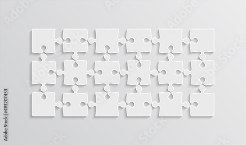 Puzzle pieces. Jigsaw grid. Thinking mosaic game with 18 separate shapes on background. Puzzle layout with 3x6 details. Laser cut frame. Vector illustration. Paper leisure toy.