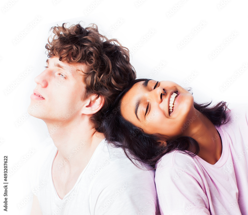 Fototapeta premium best friends teenage girl and boy together having fun, posing emotional on white background, couple happy smiling, lifestyle people concept, blond and brunette multi nations