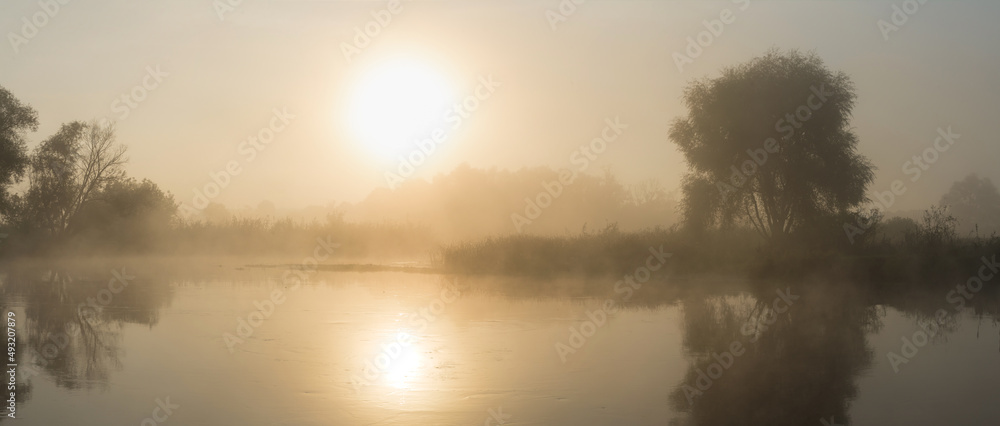 Sunrise over the river. Early foggy morning. Reflection of the sun in the water. Tree by the river. Panorama of several photos. Sunrise over the river. Early foggy morning. Reflection of the sun in the water. Tree by the river. Panorama of several photos.