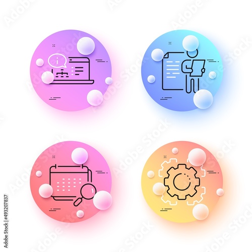 Seo gear, Job interview and Calendar minimal line icons. 3d spheres or balls buttons. Online documentation icons. For web, application, printing. Cogwheel, Cv file, Search appointment. Vector