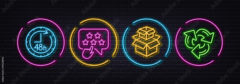 48 hours, Ranking star and Packing boxes minimal line icons. Neon laser 3d lights. Recycle icons. For web, application, printing. Delivery service, Click rank, Delivery box. Recycling waste. Vector