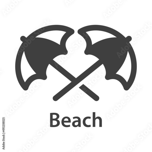 Beach holidays. Destino de vacaciones. Banner con texto beach con silueta de 2 parasoles en forma de aspa en color gris