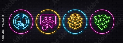 48 hours, Ranking star and Packing boxes minimal line icons. Neon laser 3d lights. Recycle icons. For web, application, printing. Delivery service, Click rank, Delivery box. Recycling waste. Vector