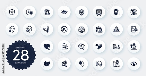Set of Medical icons, such as Nurse, Microscope and Lungs flat icons. Face attention, Stress, Volunteer web elements. Shield, Medical mask, Coronavirus report signs. Covid test. Circle buttons. Vector