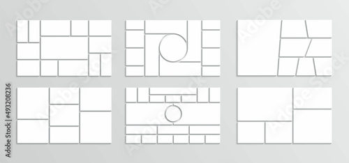 Moodboard template. Photo collage layout. Mood board grid. Mosaic pictures frame. Retro gallery banner. Album brandboard. Set portfolio images isolated on gray background. Vector illustration