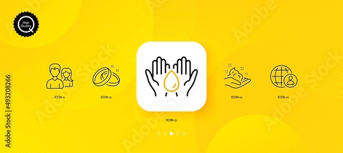 Wedding rings, Teamwork and International recruitment minimal line icons. Yellow abstract background. Skin care, Safe water icons. For web, application, printing. Vector