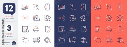Set of Delivery, Web search and Swipe up line icons. Include Smartphone message, Smartphone recovery, Scroll down icons. 360 degrees, Winner podium, Artificial intelligence web elements. Vector