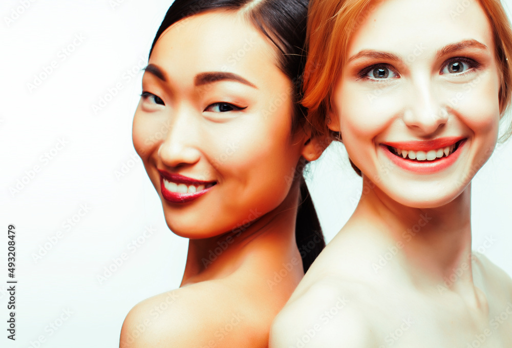 different nation woman: caucasian and asian together isolated on white background happy smiling, diverse type on skin, lifestyle people concept different nation woman: caucasian and asian together isolated on white background happy smiling, diverse type on skin, lifestyle people concept