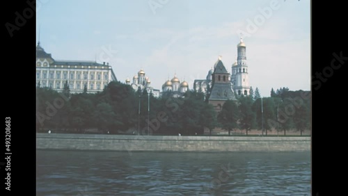 Taynitskaya tower on Kremlin wall and Vodovzvodnaya tower. Ivan the Great Bell Tower in Cathedral Square of Moscow. Grand Kremlin Palace across the Moskva river. Archival of Russia in 1985.