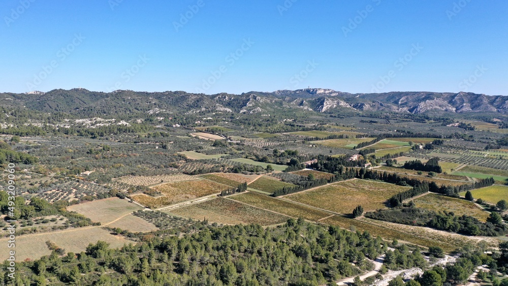 survol des champs d'oliviers dans le massif des Alpilles en Provence dans le sud de la France