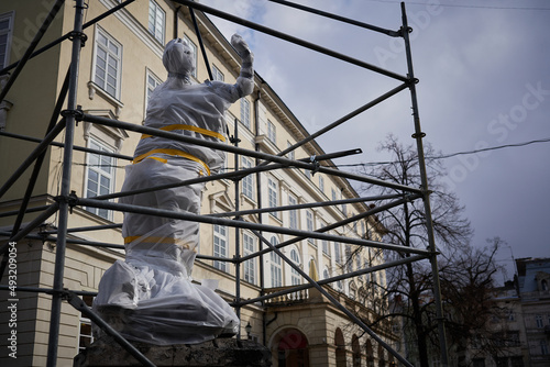 LVIV, UKRAINE- MARCH 11, 2022: War in Ukraine Military Rear, in Lviv close cultural monuments from bombings