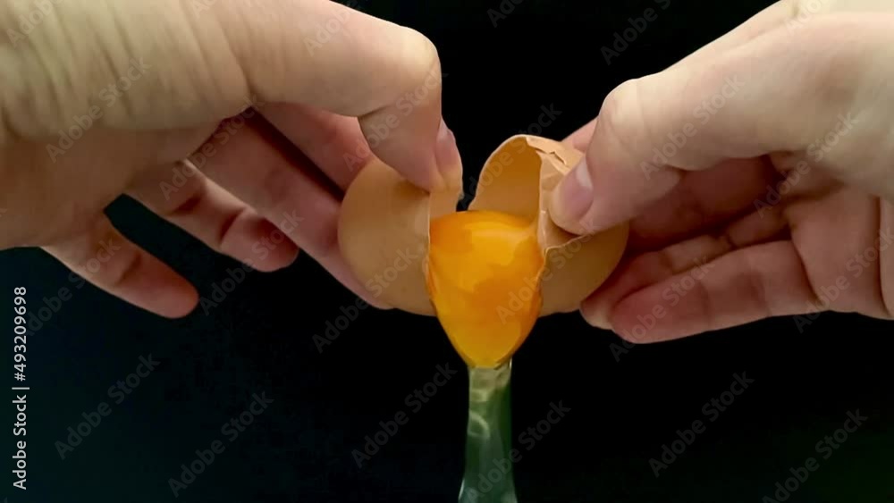 Female hands holding a cracked egg on black background. Slow motion Female hands holding a cracked egg on black background. Slow motion