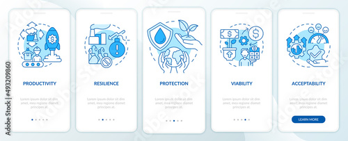 Sustainable land management practices blue onboarding mobile app screen. Walkthrough 5 steps graphic instructions pages with linear concepts. UI, UX, GUI template. Myriad Pro-Bold, Regular fonts used