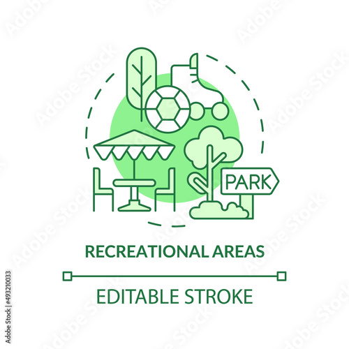 Recreational areas green concept icon. Type of land-use abstract idea thin line illustration. Recreational purposes. Isolated outline drawing. Editable stroke. Arial, Myriad Pro-Bold fonts used