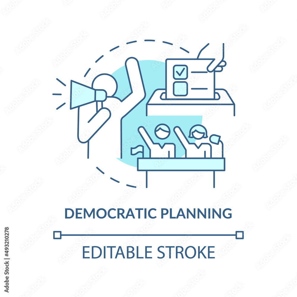 Democratic planning turquoise concept icon. Land-use planning abstract idea thin line illustration. Engaging community. Isolated outline drawing. Editable stroke. Arial, Myriad Pro-Bold fonts used