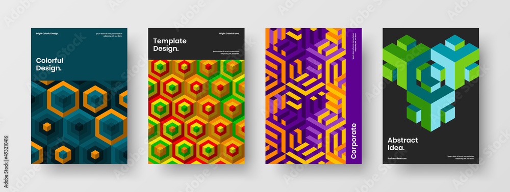 Amazing magazine cover vector design concept composition. Creative geometric hexagons placard layout collection.