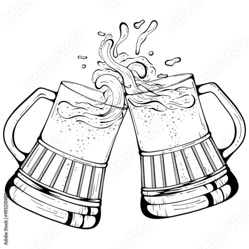 Two glasses of beer. Toasting Cheers. Clinking with beer glasses mug isolated on white. Vector hand drawn sketch illustration for Oktoberfest or beer festival. Coloring book page. Beer icon