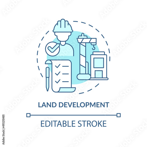 Land development turquoise concept icon. Land management abstract idea thin line illustration. Building construction. Isolated outline drawing. Editable stroke. Arial, Myriad Pro-Bold fonts used