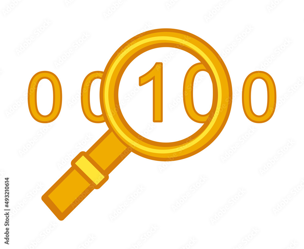 Yellow binary search icon. 0 and 1 in magnifying glass. Yellow binary search icon. 0 and 1 in magnifying glass.