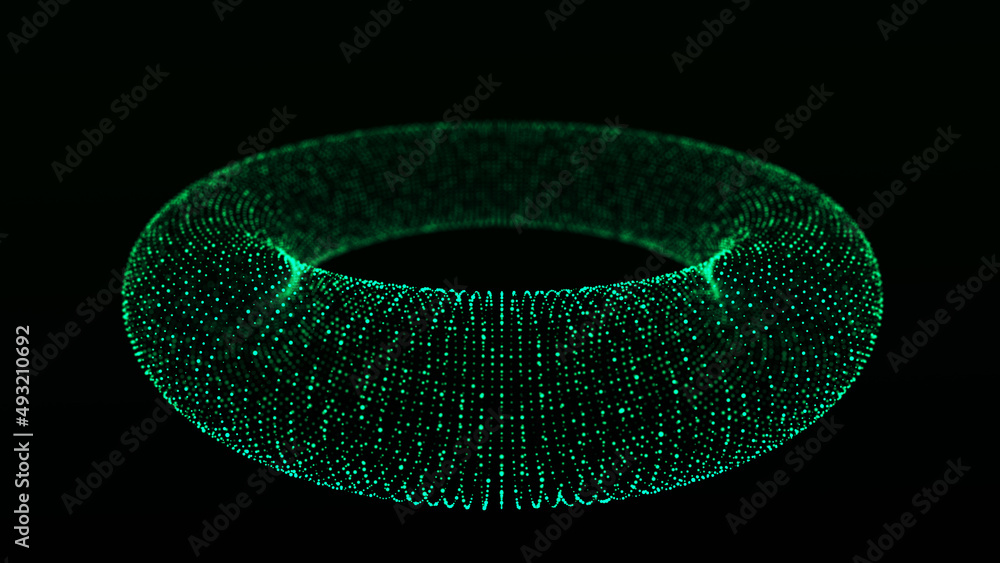 Abstract dynamic wireframe torus on a green background. The flow of ...