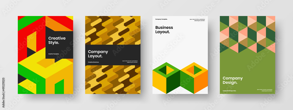 Abstract corporate cover A4 vector design illustration bundle. Bright geometric tiles company identity concept collection.
