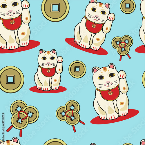 招き猫 maneki-neko seamless pattern. Yansheng feng shui Chinese numismatic charm. Lucky cat with raised paw. Сhina souvenir vector art
