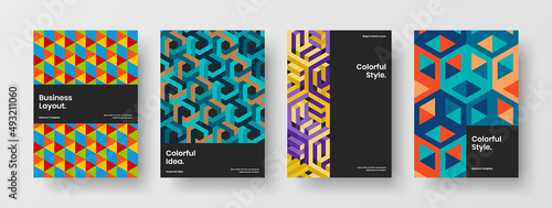 Creative booklet design vector illustration set. Amazing mosaic hexagons book cover template bundle.