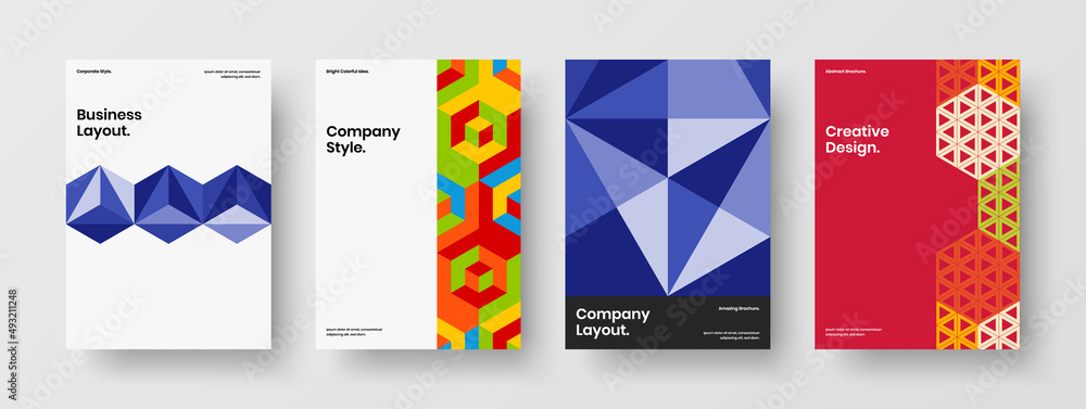 Multicolored presentation vector design layout set. Abstract mosaic hexagons pamphlet template collection.