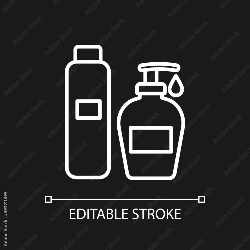 Skin care products white linear icon for dark theme. Cleansing cream. Beauty tips. Face and body cosmetics. Thin line illustration. Isolated symbol for night mode. Editable stroke. Arial font used Skin care products white linear icon for dark theme. Cleansing cream. Beauty tips. Face and body cosmetics. Thin line illustration. Isolated symbol for night mode. Editable stroke. Arial font used