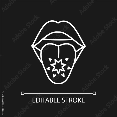 Tongue cancer white linear icon for dark theme. Malignant tumors and sores. Abnormal cells growth. Thin line illustration. Isolated symbol for night mode. Editable stroke. Arial font used