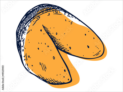 Vector hand drawn chinese fortune cookies isolated on white backgrounds. Food illustration. Crisp cookie with a blank piece of paper inside. For print, web, design, decor, logo.