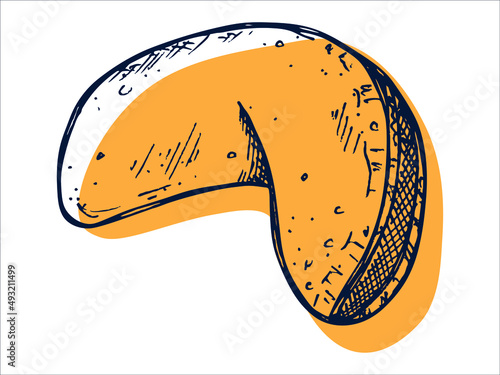 Vector hand drawn chinese fortune cookies isolated on white backgrounds. Food illustration. Crisp cookie with a blank piece of paper inside. For print, web, design, decor, logo.