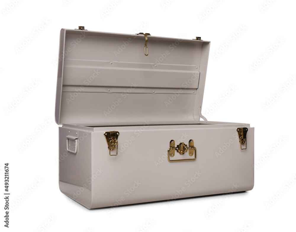 One stylish open storage trunk isolated on white One stylish open storage trunk isolated on white